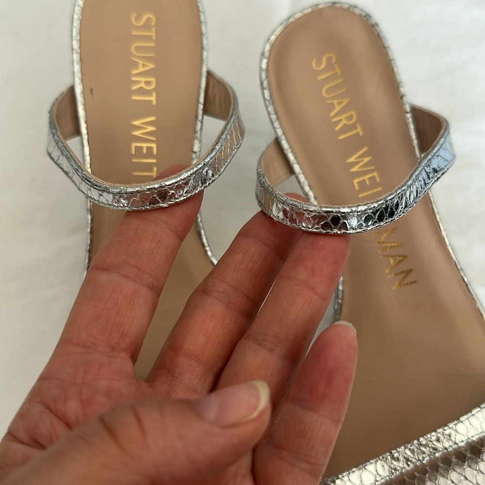 Stuart Weitzman Aleena Sandals in Silver Mini Snake Print 2.5” Heel Pumps Size 5 - Picture 6 of 16